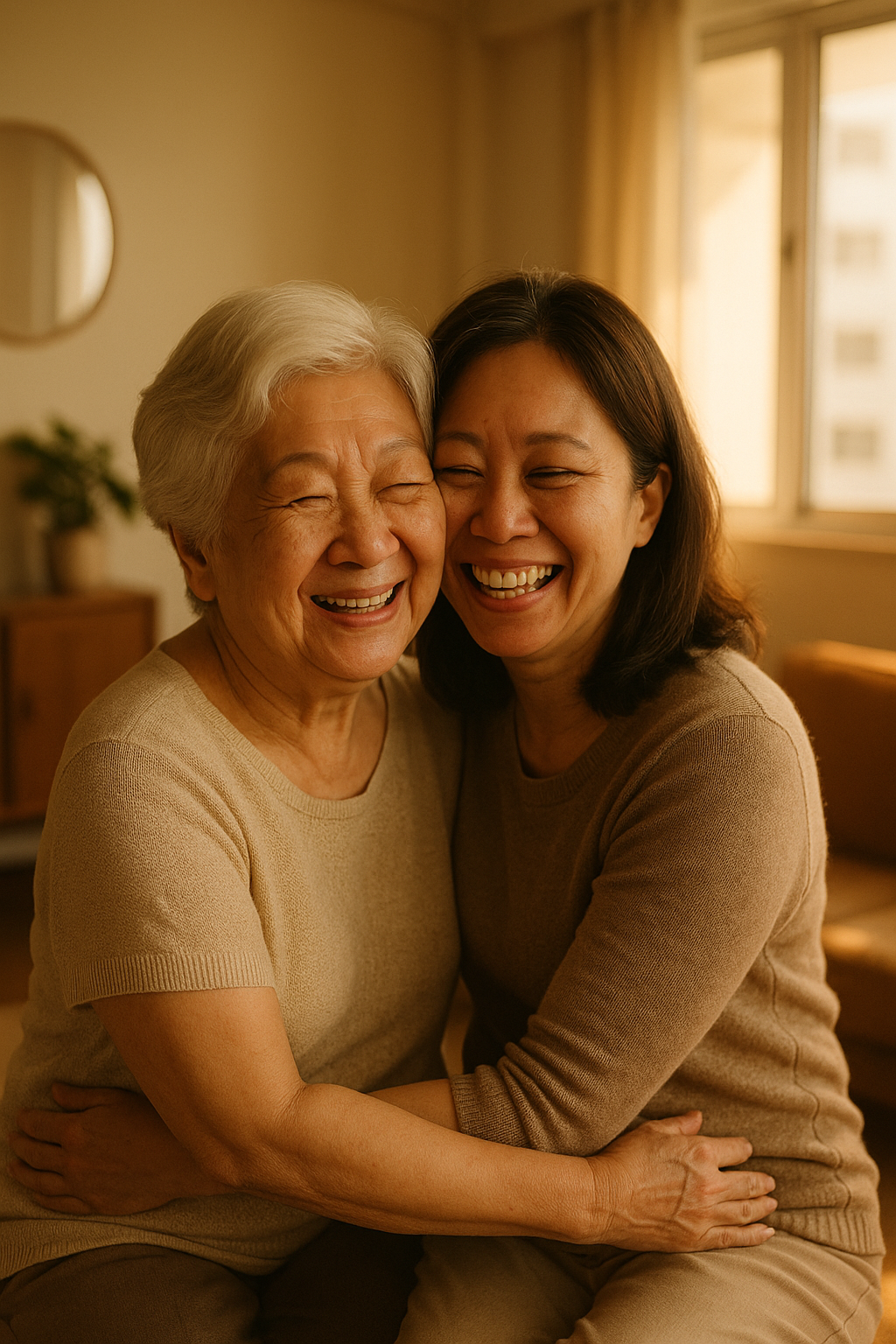 An elderly mother and her adult daughter laughing together at home