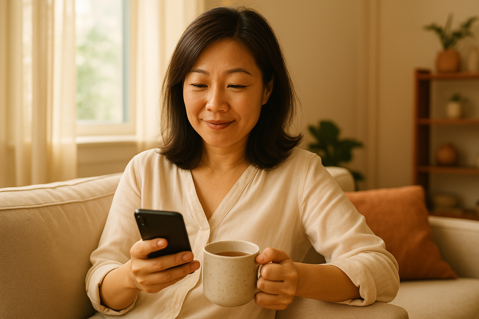 A daughter at ease on her sofa, checking her phone